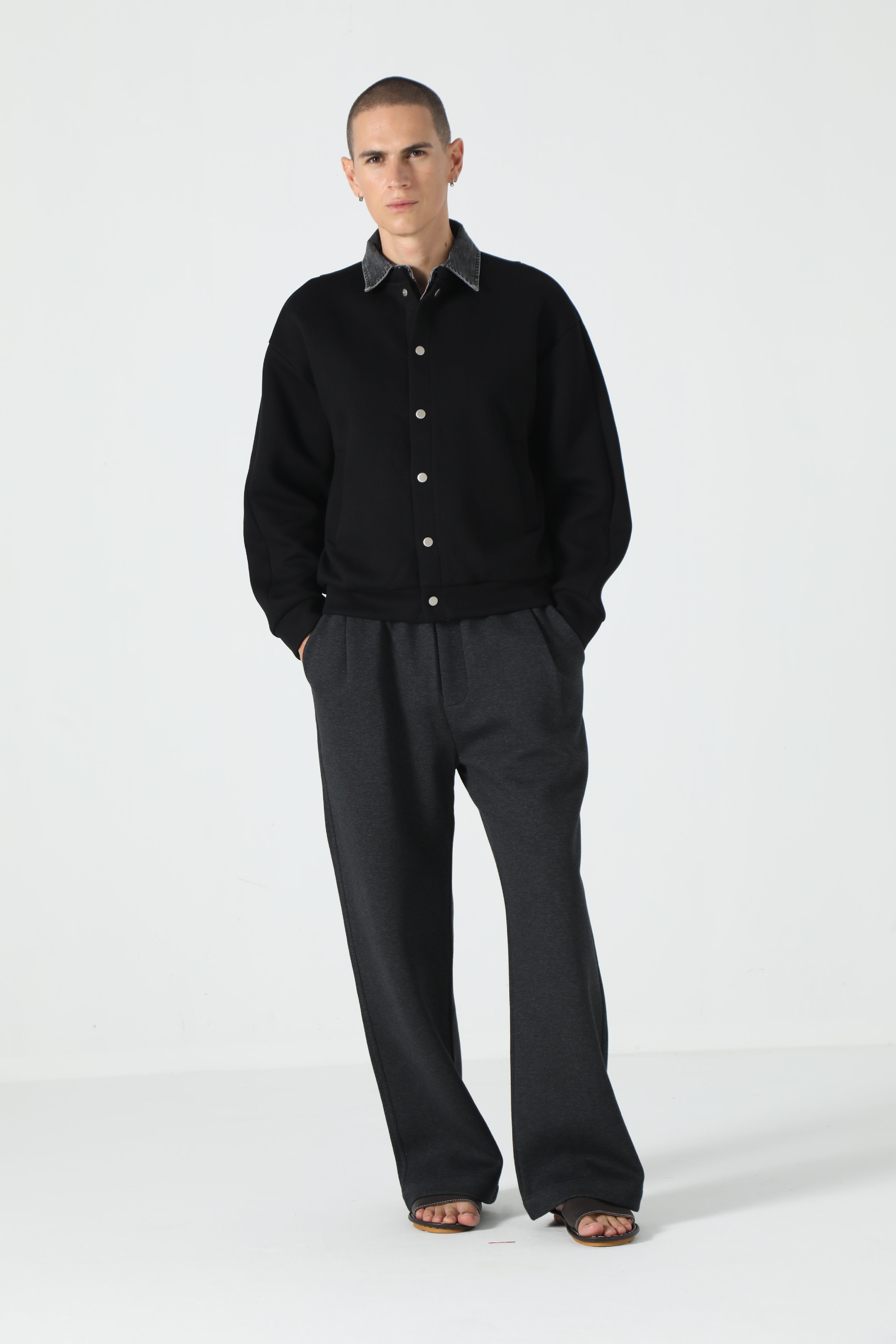 Denim-Collar Jersey Sweatshirt