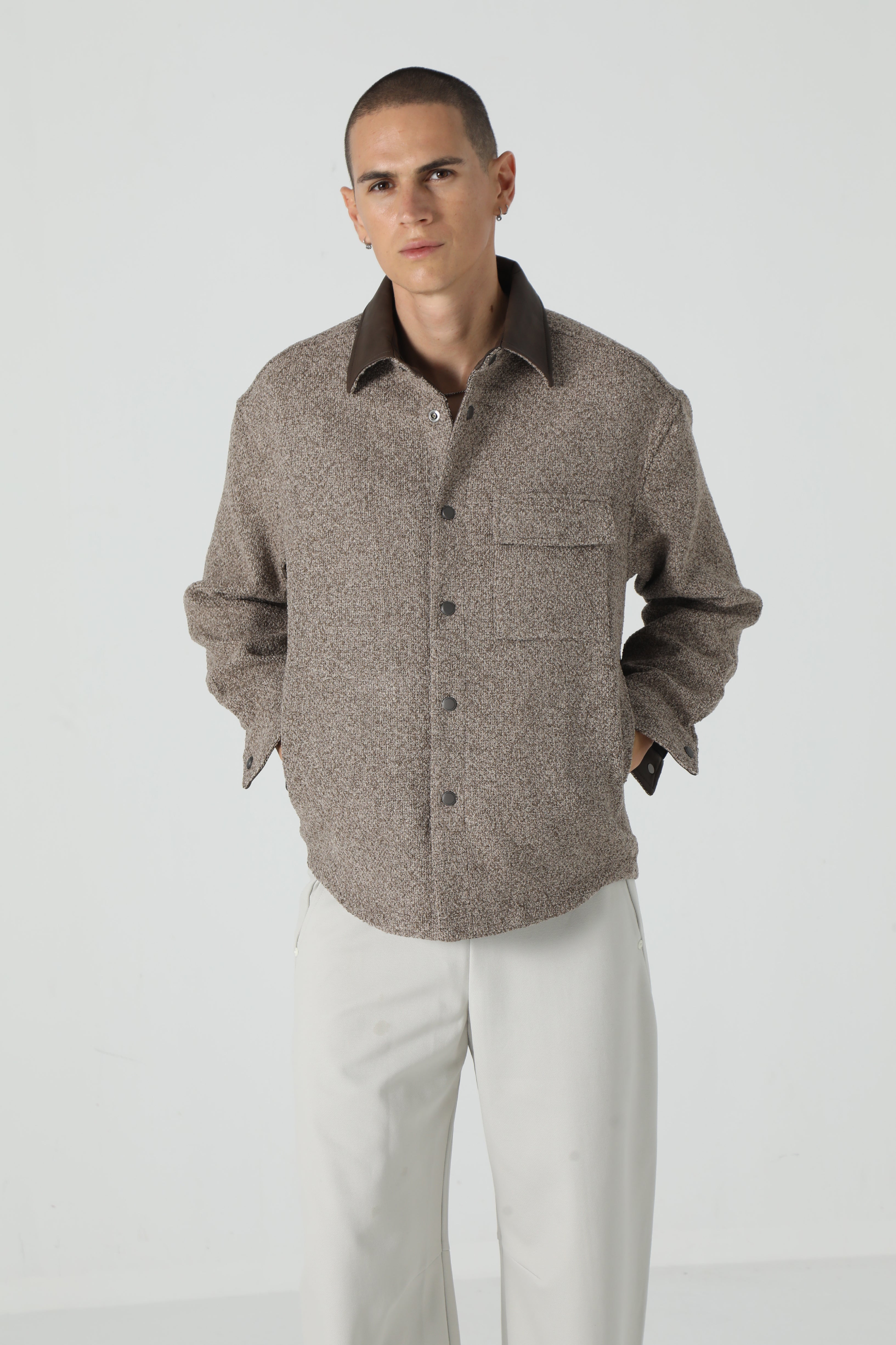 Textured Overshirt with PU Collar